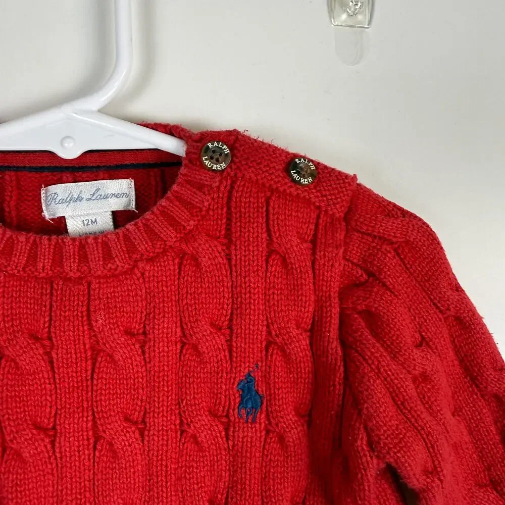 Ralph Lauren Boys Baby Cable Knit Sweater Red - 9-12 12 Months